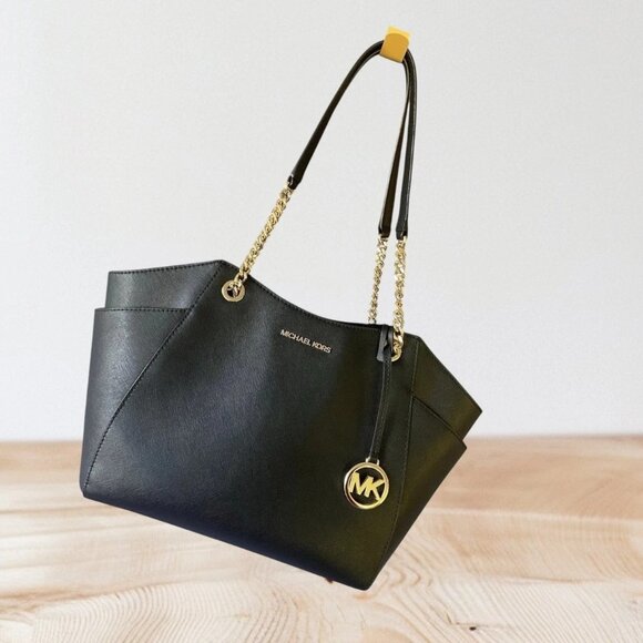 MICHAEL KORS JET SET TRAVEL LARGE CHAIN SHOULDER TOTE BAG MK BLACK LEATHER GOLD